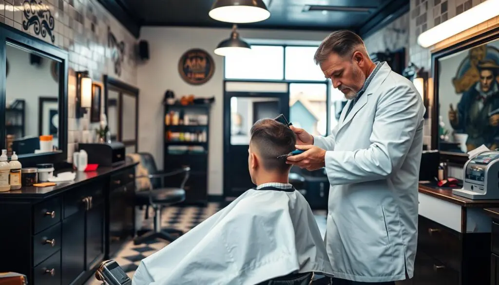 A well-lit barbershop interior, with a classic barber's chair in the foreground. A skilled barber, wearing a crisp white coat, stands ready with sharp shears and a trimmer, his focus intent on the client's hair. The middle ground features shelves of grooming products, a vintage cash register, and a mirror reflecting the scene. The background showcases a tiled wall, a decorative mural, and a window providing natural light. The overall atmosphere is one of professionalism, attention to detail, and a welcoming ambiance, capturing the essence of a traditional barbershop experience.