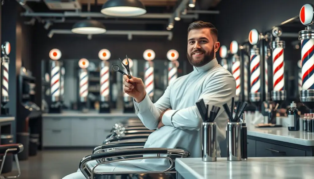 A well-lit barbershop interior, with a modern, minimalist aesthetic. In the foreground, a professional barber standing behind a sleek chrome styling chair, holding a pair of sharp scissors and a comb, ready to provide a personalized haircut. The barber's uniform is crisp and clean, conveying a sense of expertise and attention to detail. In the middle ground, the shop features high-quality grooming tools, neatly arranged on a marble countertop. The background showcases a wall of vintage-inspired barber poles, casting a warm, inviting glow throughout the space. The overall mood is one of confidence, precision, and a commitment to delivering an exceptional haircut experience.
