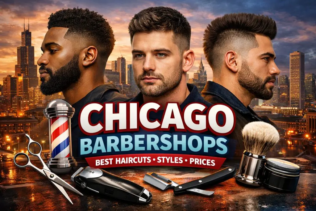 Featured image for a Chicago barbershops blog showing three men with popular haircut styles in front of the Chicago skyline, surrounded by barber tools and bold text about haircuts, styles, and prices.