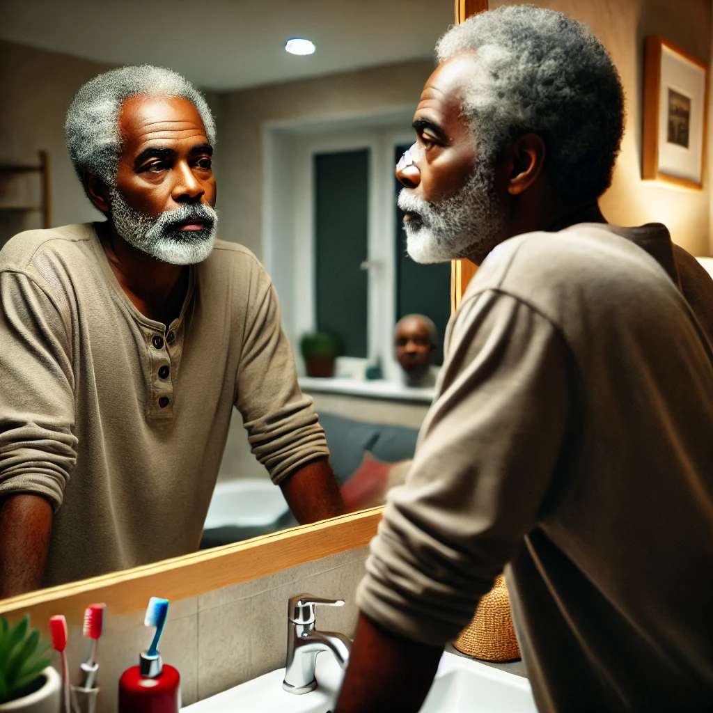 grooming hacks for a youthful appearance senior black man looking in a mirror