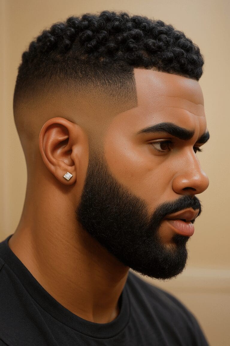 High Taper Fade Haircut with Curls and Full Beard