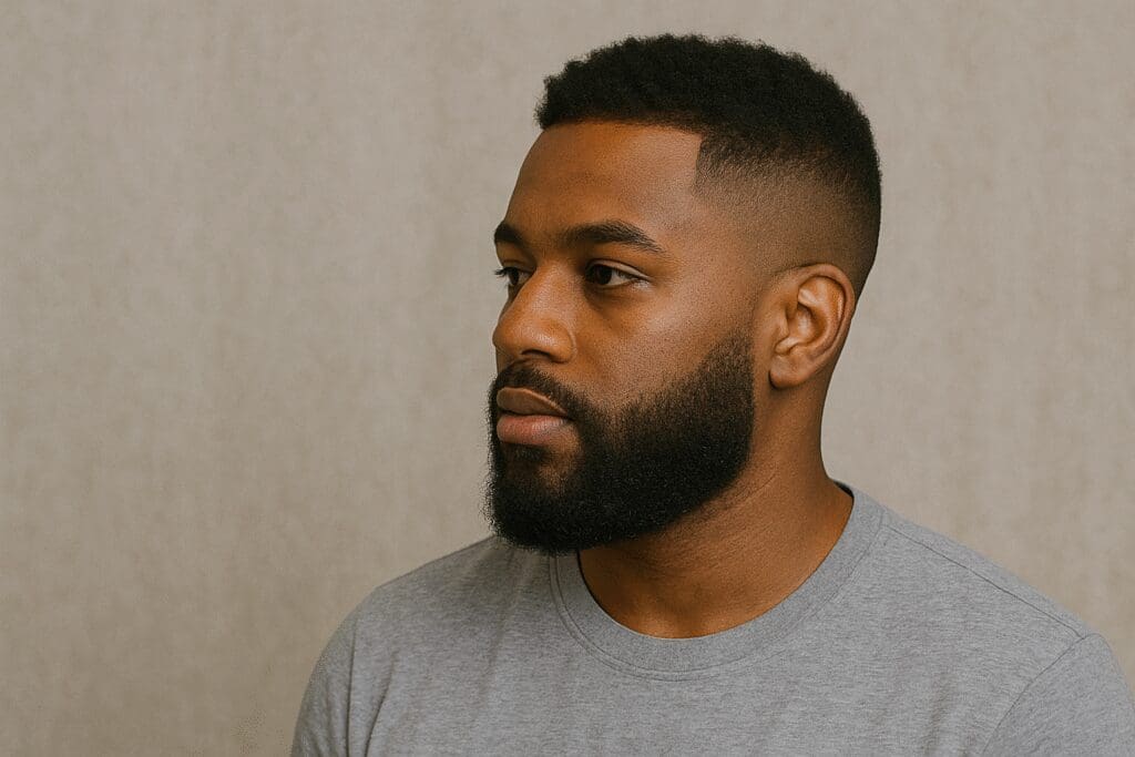 a black man with a beard and drop fade haircut