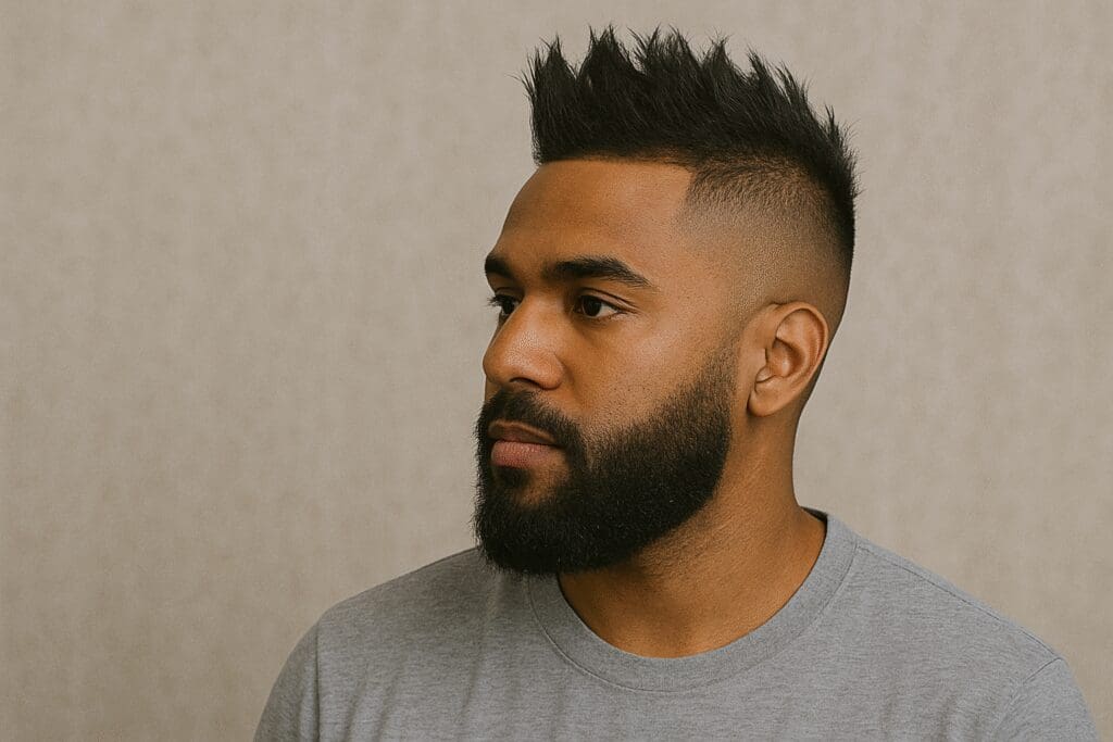 a man with a faux fade haircut and a beard