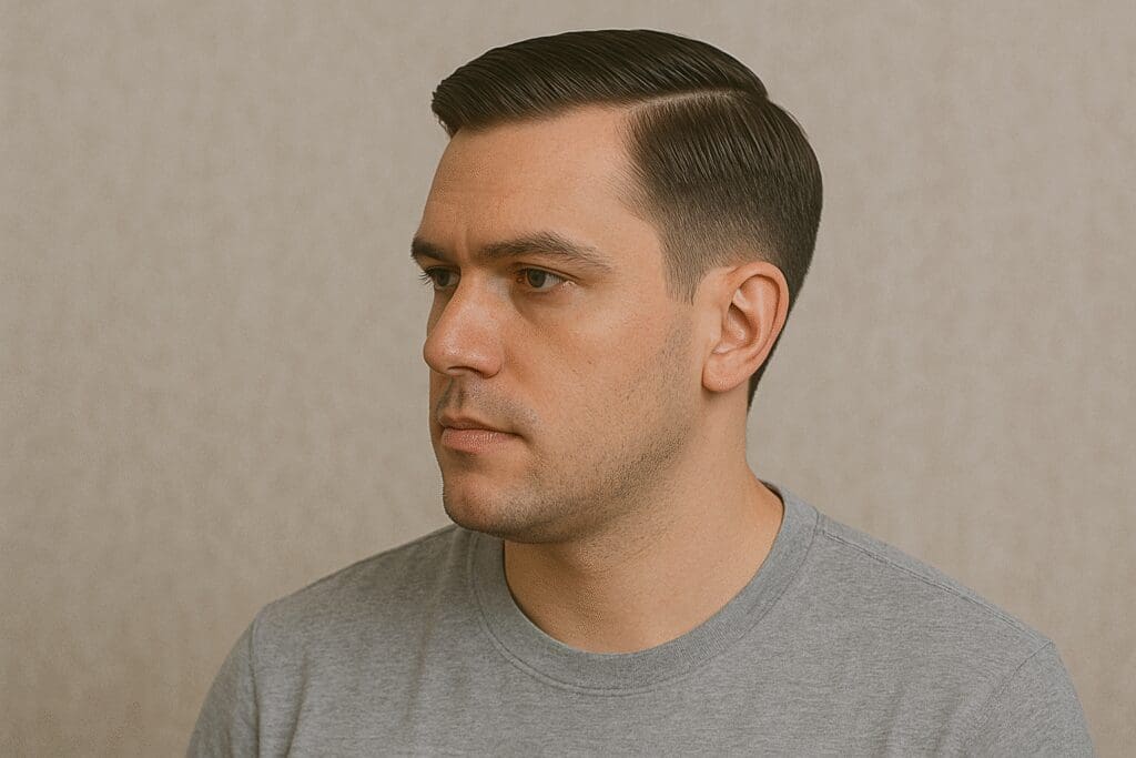 a man with a comb over fade haircut