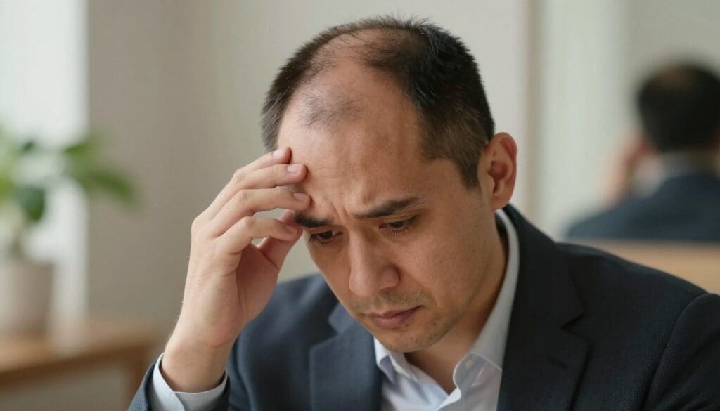 A thoughtful close-up of a young man, around 30 years old, experiencing hair loss. He has short, thinning hair and a contemplative expression, dressed in a smart casual outfit to reflect a professional look. The foreground highlights his face, capturing the nuances of worry and determination. In the middle ground, a blurred reflection of a mirror subtly hints at the struggle against hair loss, while in the background, soft, neutral tones create an intimate atmosphere&mdash;perhaps a cozy office setting with plants and natural light filtering through a window. The lighting is warm yet soft, enhancing the emotional depth of the scene, with a focus on the man's gaze as he contemplates solutions to regain his confidence.