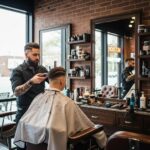 Barbershop scene in Houston with a barber cutting hair, highlighting the vibrant atmosphere and professional service
