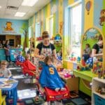 Child getting a haircut in a colorful, child-friendly salon environment