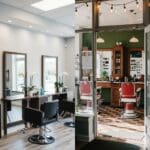Comparison of a modern salon and a classic barbershop highlighting distinct haircut experiences