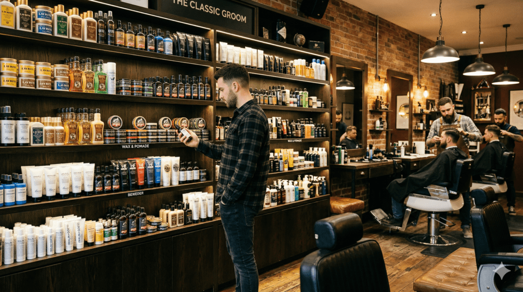 a man looking at hair styling products in a barbershop