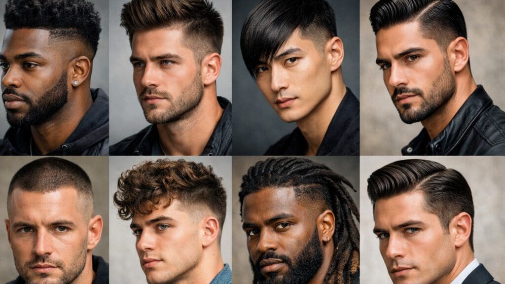 Men with different haircut styles from diverse barbers featured on Haircut Now