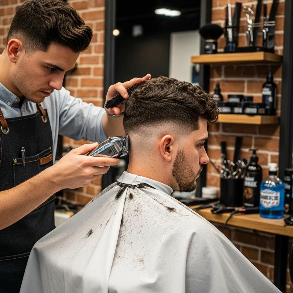 Barber performing a textured high fade haircut on a client, showcasing trending fade styles in NYC