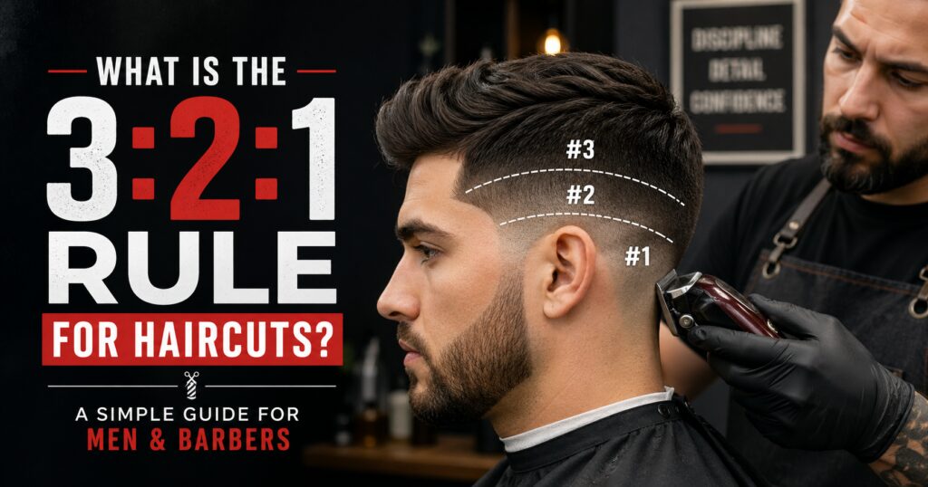 White man receiving a tapered haircut from a barber, with dashed guide lines labeled #3, #2, and #1 illustrating the 3:2:1 haircut rule for men and barbers.