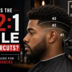 Black man receiving a tapered haircut from a barber, with dashed guide lines labeled #3, #2, and #1 illustrating the 3:2:1 haircut rule for men and barbers.