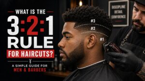 Black man receiving a tapered haircut from a barber, with dashed guide lines labeled #3, #2, and #1 illustrating the 3:2:1 haircut rule for men and barbers.