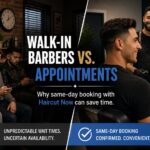 Walk-in barbers vs. appointments comparison showing men waiting in a barbershop while a client books a same-day Haircut Now appointment on his phone.