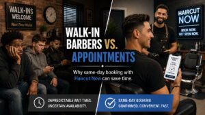Walk-in barbers vs. appointments comparison showing men waiting in a barbershop while a client books a same-day Haircut Now appointment on his phone.