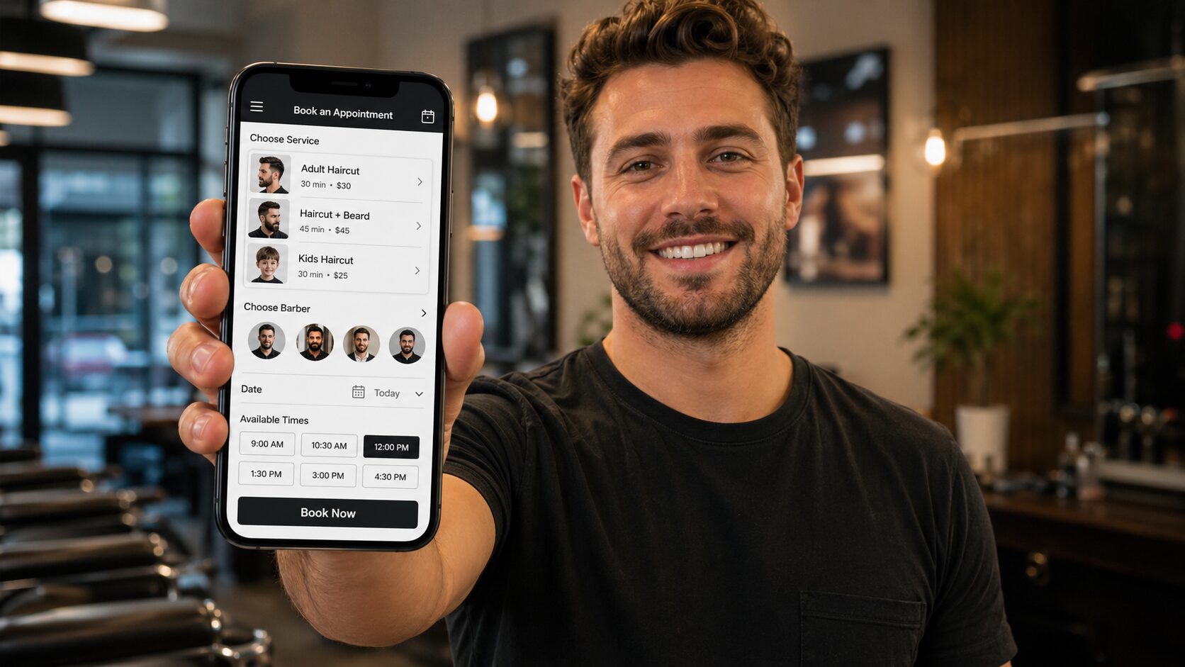 Man smiling in a modern barbershop while holding a phone showing barber booking options, including haircut services, barber selection, available times, and a Book Now button.