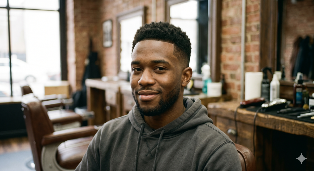 A young Black man with a well-groomed short beard is seated in a leather barber chair, looking directly at the camera with a gentle smile. He is wearing a grey hooded sweatshirt. His haircut, a neat taper, adheres to the "3:2:1 Rule" with the longest length on top (clippers guard size #3), blending to a medium length on the sides (#2), and the shortest length around the edges, temples, and neck (#1). The setting is a rustic, wood and brick-walled barbershop, with other barber chairs, mirrors, and grooming supplies visible, all softly blurred. Natural light filters in from a large window to the side.