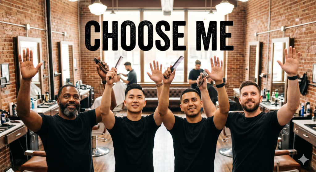 A wide-angle photograph taken inside a busy barbershop with exposed brick walls, multiple mirrors, and styling stations shows four male barbers in black t-shirts standing close together in the foreground. From left to right: a Black man with a beard and a short fade haircut holds a hand with an open palm up in the air; an East Asian man with a short modern haircut holds a metal and wooden-handled comb and a electric shaver up in the air; a Latino man with a fade holds a plastic comb and an electric shaver up in the air; a white man with a short beard and short haircut holds a hand with an open palm up in the air. Two additional people are working in the mid-ground. The words "CHOOSE ME" are written in large, dark, sans-serif, slightly textured letters at the top center of the image. The barbers are smiling and looking at the camera. The floor is hardwood.