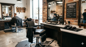 A clean barbershop scene with a barber station, clippers, chair, and a visible pricing board showing sample services like “Men’s Haircut,” “Kids Haircut,” and “Fade.”