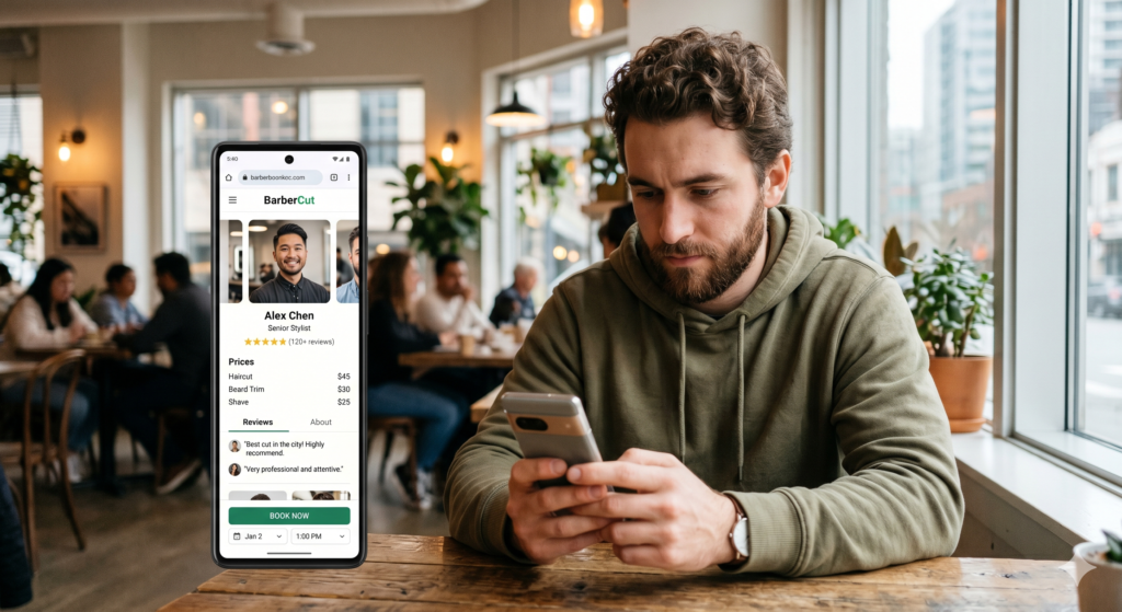 A person looking at barber profiles, prices, reviews, and booking options on a phone.