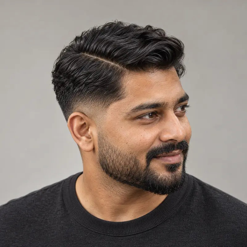 AI-generated haircut inspiration: classic side part with a low fade