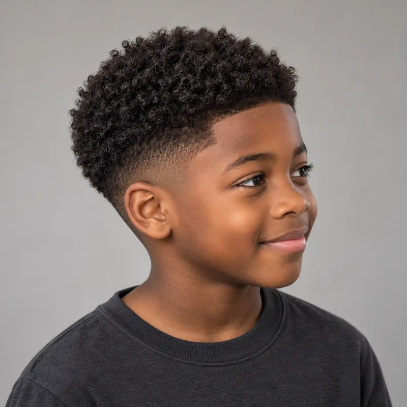 AI-generated haircut inspiration: boy with a short curly top and low taper