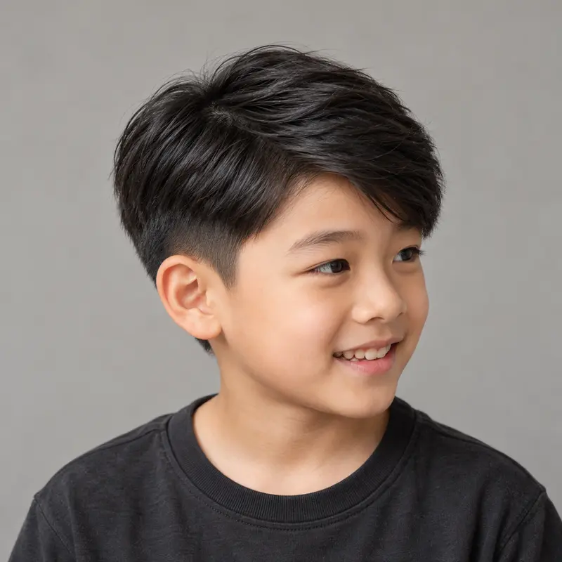 AI-generated haircut inspiration: boy with side-swept straight hair and tapered sides