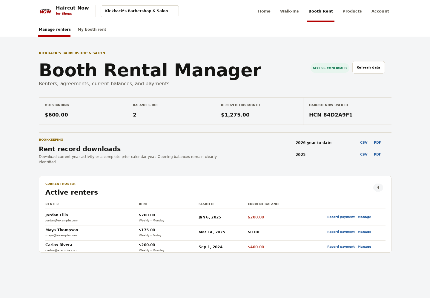 Booth Rental Manager renter ledger showing weekly rent amounts, active renters and outstanding balances