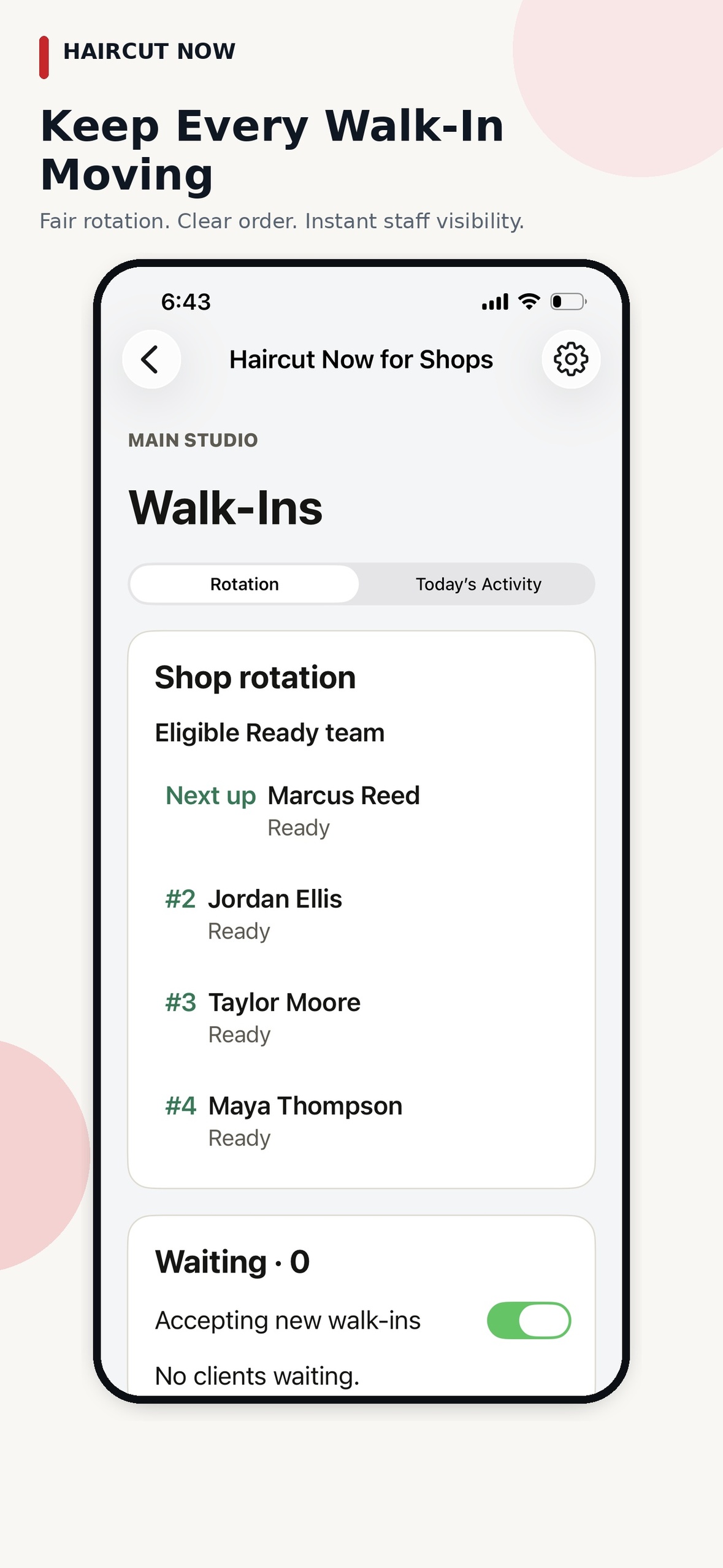 Walk-In Manager app displaying the next-up team member and fair rotation order